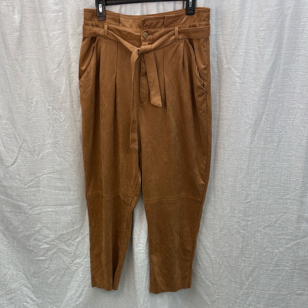 Free People Nightfall Vegan Suede High Waist Paperbag Pants, Camel, Size 14